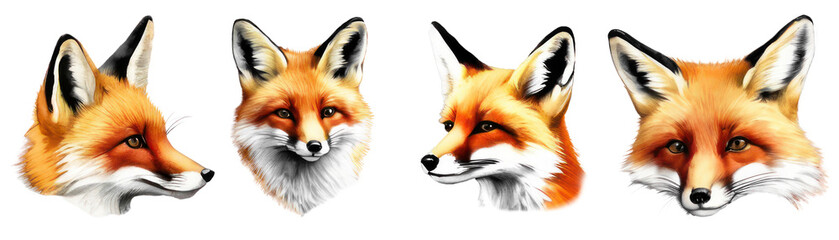 Realistic illustration of four fox heads showcasing different expressions