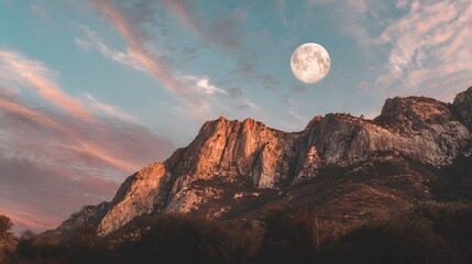 Majestic mountain range under the watchful gaze of a full moon, set against a backdrop of soft, pastel-colored skies. Nature's beauty in its finest form.
