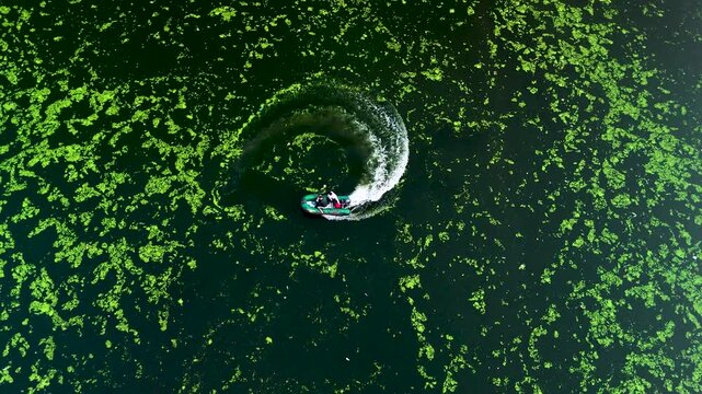Green algae bloom on lake surface with a small boat navigating through thick moss, creating a trail on the water and showcasing natural texture.
