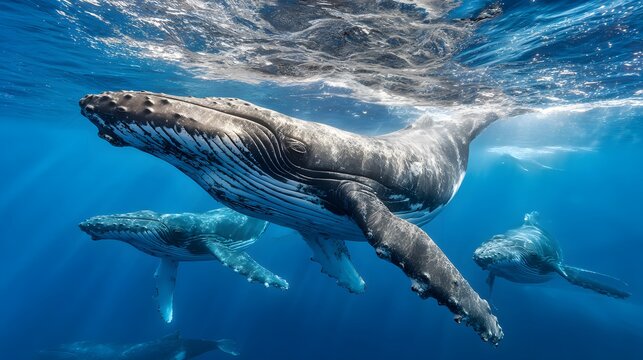 Majestic humpback whales swim gracefully in the crystal-clear ocean waters, showcasing their beauty and agility beneath the waves. A captivating sight of marine life.