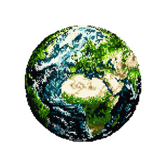 Planet Earth with lush green forests and vast oceans in vibrant colors with pixelated texture for environmental awareness