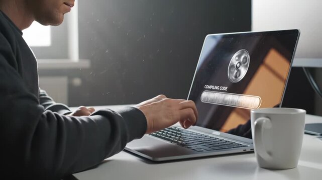 Developer compiles code on laptop. Programmer works on code compilation. Man compiles software on laptop with progress bar. Developer waits for code compilation to complete on computer screen.