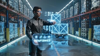 Man uses smart glasses with holographic interface in warehouse aisle. Worker scans inventory with AR technology. Man in warehouse uses smart glasses. Confirmed status shows in holographic display. - Powered by Adobe