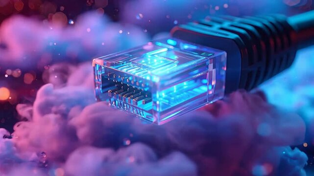 Close-up of a network cable connector with glowing lights and abstract background.