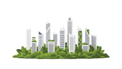 Fototapeta premium Modern city skyline with white buildings and lush green foliage, showcasing an eco-friendly and sustainable urban environment.