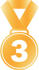 Gold colored medal with number 3. Third place award icon with ribbon. Vector illustration.