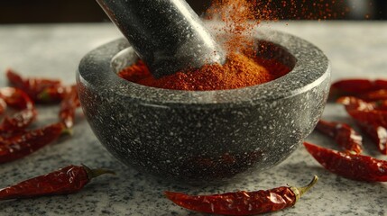 Mortar pestle grind dried chilies into vibrant red powder with spice dust dispersing mid-air dynamic kitchen action culinary preparation