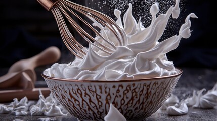 Whisk beating foam copper utensil creating dramatic peaks white meringue decorative bowl kitchen action culinary dynamics ingredient movement splashing droplets