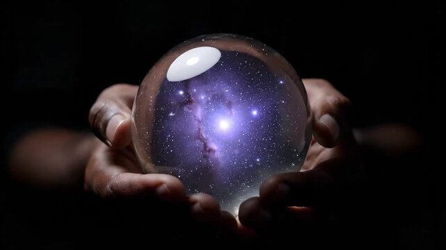 Hands Holding Glowing Crystal Ball with Galaxy Inside.