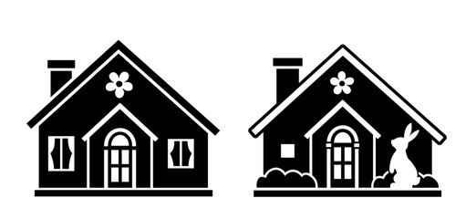 Fototapeta premium Easter House Silhouette with Bunny, Spring Holiday Vector Set. Spring Flowers and Rabbit Cottage Silhouette Clipart. White background.