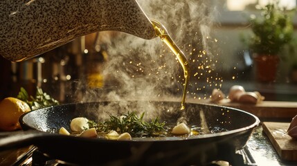 Olive oil splash streaming glass cruet dark skillet garlic herbs steam rising golden droplets dancing air frozen moment impact culinary preparation dynamics