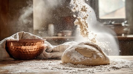 Dough spinning air bread making flour dispersing wooden table copper mixing bowl linen towel warm ambient lighting culinary dynamics