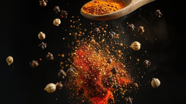 Spice scattering fall mid-air paprika cumin coriander seeds falling frame dark background dynamic trails patterns dramatic lighting wooden spoon high-speed freeze motion