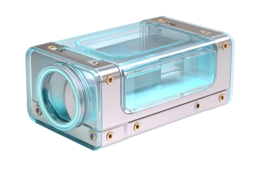 Clear plastic scientific experiment container with blue liquid isolated on transparent background