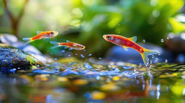 Vibrant scene of tiny fish jumping above sparkling water surface, surrounded by lush greenery, evokes sense of joy and freedom