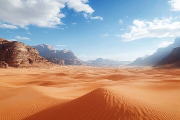 Obraz premium Vast desert landscape showcasing rolling sand dunes under a clear blue sky with distant mountains