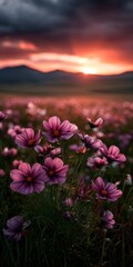 Fototapeta premium Pink cosmos flowers bloom during sunset in a field