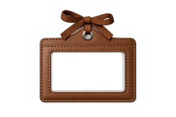 Brown leather id badge holder with blank transparent window, featuring a decorative ribbon bow, for identification and branding