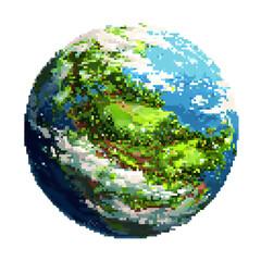 Pixelated Earth Globe in Vibrant Colors with Green Forests and Blue Oceans in Low Resolution for Environmental Awareness