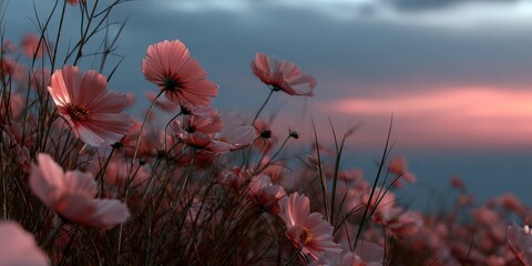 Pink cosmos flowers bloom at sunset near the field