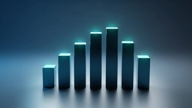 Metallic rising bar graph visualization against a blue background, representing growth and decline