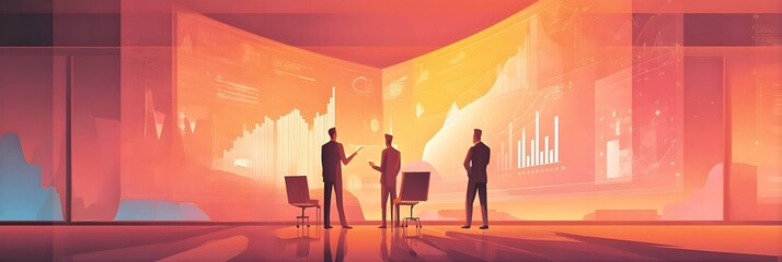 Fototapeta premium Corporate team analyzing large digital charts and visual data displays in modern workspace symbolizing business intelligence strategy and growth planning