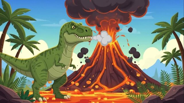 Cartoon T Rex Roaring Near Erupting Volcano Prehistoric Scene