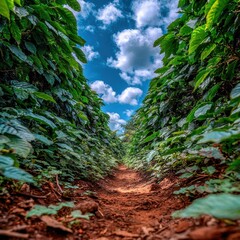 Coffee plants grow in rows under blue sky with clouds
