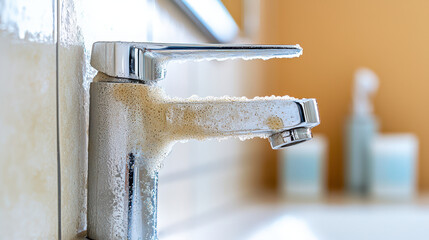 Modern bathroom faucet with soap suds, showcasing cleanliness and hygiene in stylish setting