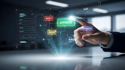 Digital approval process a hand interacts with a holographic interface