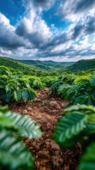 Coffee plants grow in a green field under a cloudy sky in nature