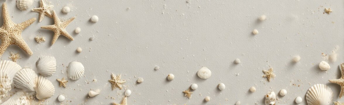 Overhead shot of a sandy surface scattered with seashells, starfish, and small white pebbles
