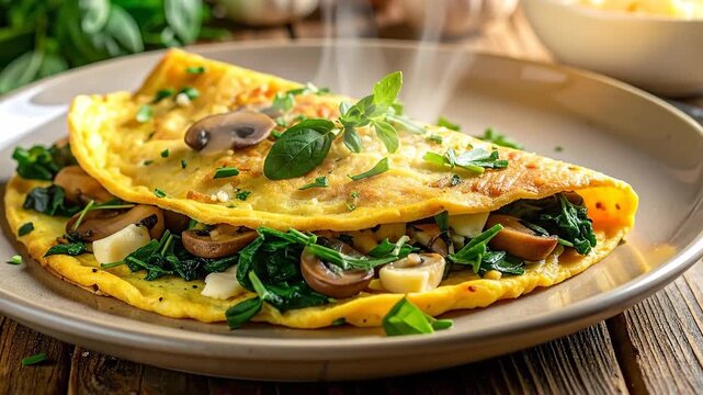 Delicious omelette filled with fresh spinach and mushrooms, served on a rustic wooden table.