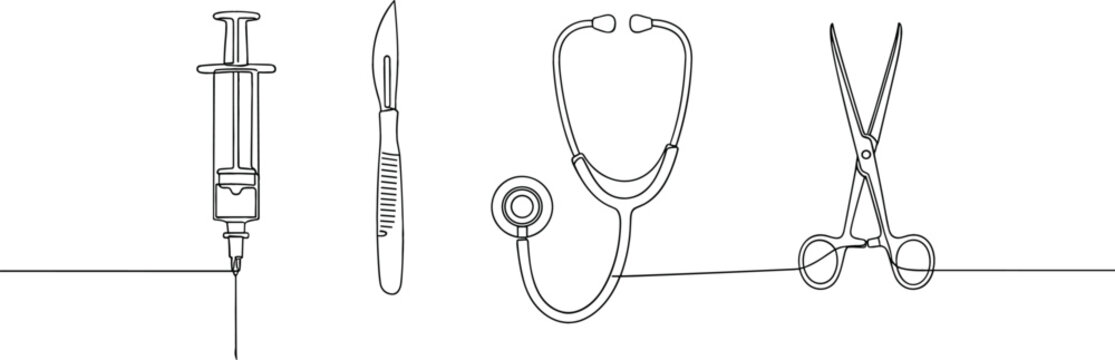 Continuous line art vector illustration of medical equipment including syringe scalpel stethoscope and scissors for healthcare and surgery.