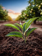 New plant grows from dark soil in garden with trees