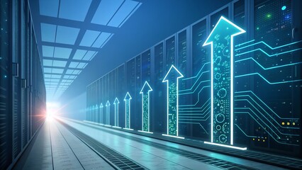 Digital neon blue financial growth chart with upward trend and cityscape background