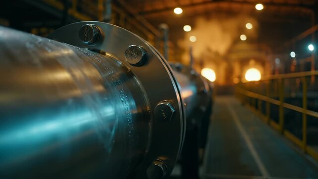 Industrial pipe flange leaks water through bolts in factory. Metal flange shows water dripping from pipe connection. Factory pipeline with leaking flange. Industrial pipe system leaks water.