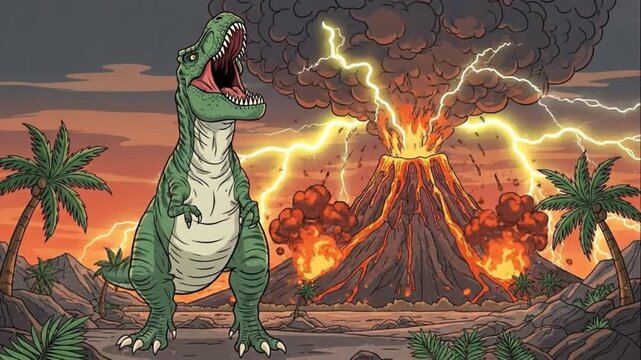 T Rex Dinosaur Volcano Eruption Catastrophe Cartoon Illustration