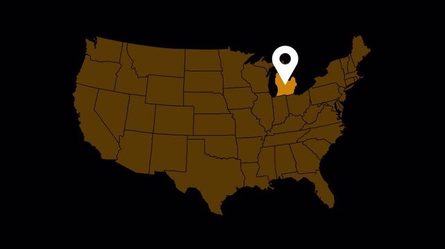 igh quality 4K animation of the Michigan state map with a location pin marker. Clean motion graphic suitable for navigation, travel, business location, presentations