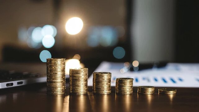 Stacks of golden coins decreasing in size, symbolizing financial loss and economic downturn.