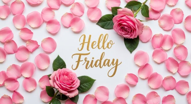 Beautiful Pink Roses and Scattered Petals with a "Hello Friday" Greeting Message