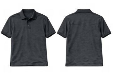Black polo shirt flat lay with front and back views, ideal for apparel mock-up and corporate uniform branding design
