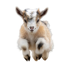 Adorable baby goat in playful jump with soft warm lighting on white background for pet advertising