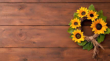 Beautiful sunflower wreath made of vibrant yellow flowers and green leaves, perfect for home decor and seasonal celebrations