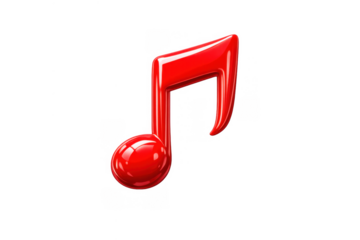 Eighth music note symbol representing melody and sound, glossy red 3d rendering with transparent background