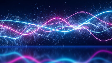 A vibrant digital illustration of glowing neon lines and particles in a dark blue background