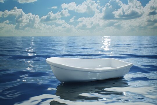Serene white boat floating on calm ocean waters under a bright blue sky - Powered by Adobe
