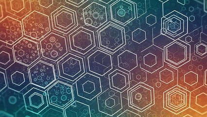 A vibrant and colorful abstract background featuring a pattern of hexagons in a gradient of orange, blue, and purple hues.