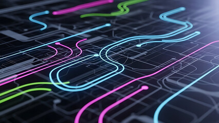 A futuristic circuit board with neon colored wires and pathways on a dark background