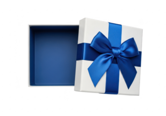 Open white gift box with blue ribbon isolated on transparent background
